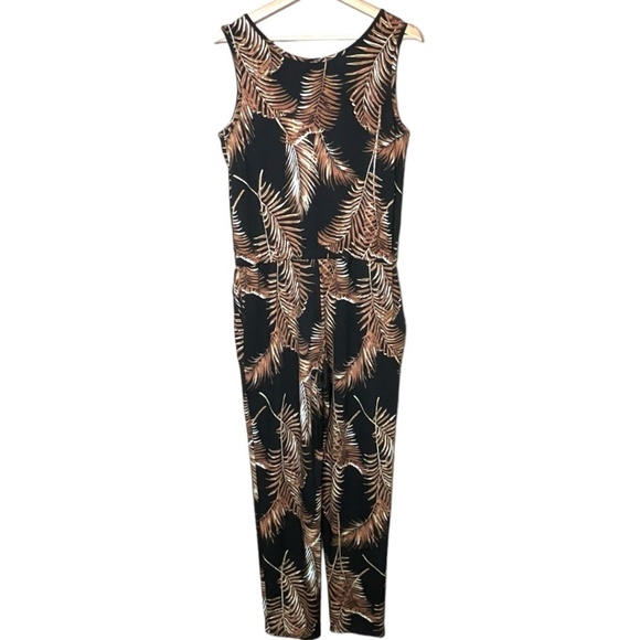 NICOLE MILLER Black w/ Brown Leaf Print Jumpsuit Elasticized Waist Side Pockets - Picture 5 of 12